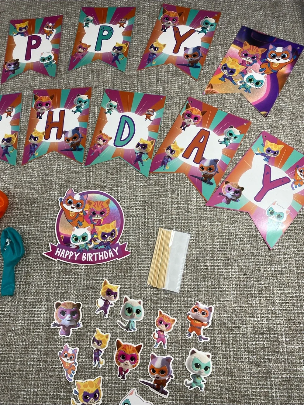 Kids Pink Teal Orange Happy Birthday Party Banner and Decorations cats kittens